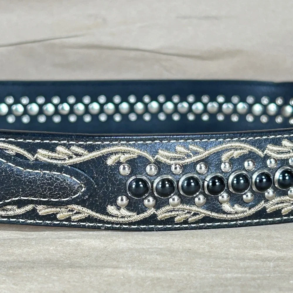 Nocona Belt Mens M Black Distressed Leather Embroidered Studded Engraved Buckle